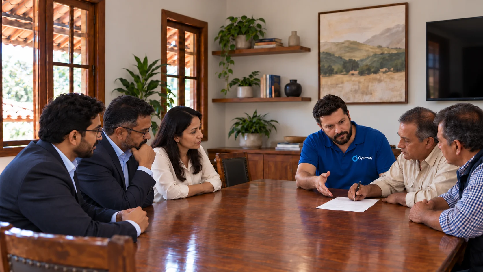 Representante de Cyanway mediando una reunión entre compradores internacionales y productores en la mesa de una casa de campo, con un documento sobre la mesa