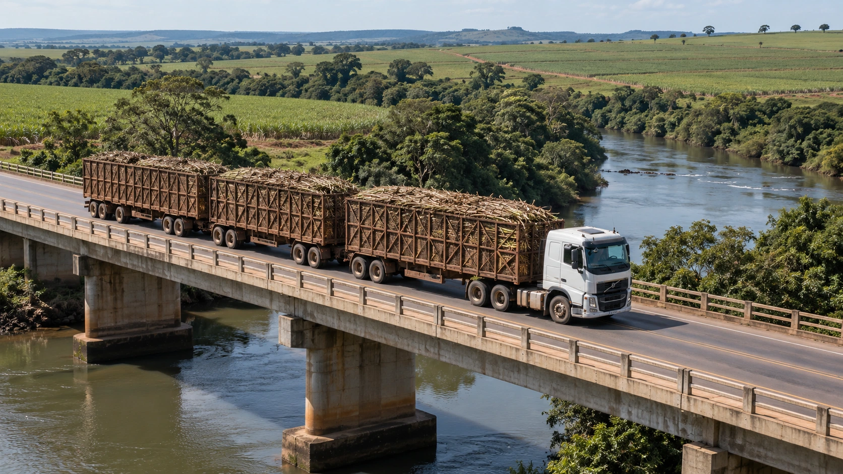 Camión con acoplados de caña de azúcar cruzando un puente sobre un río – logística agrícola