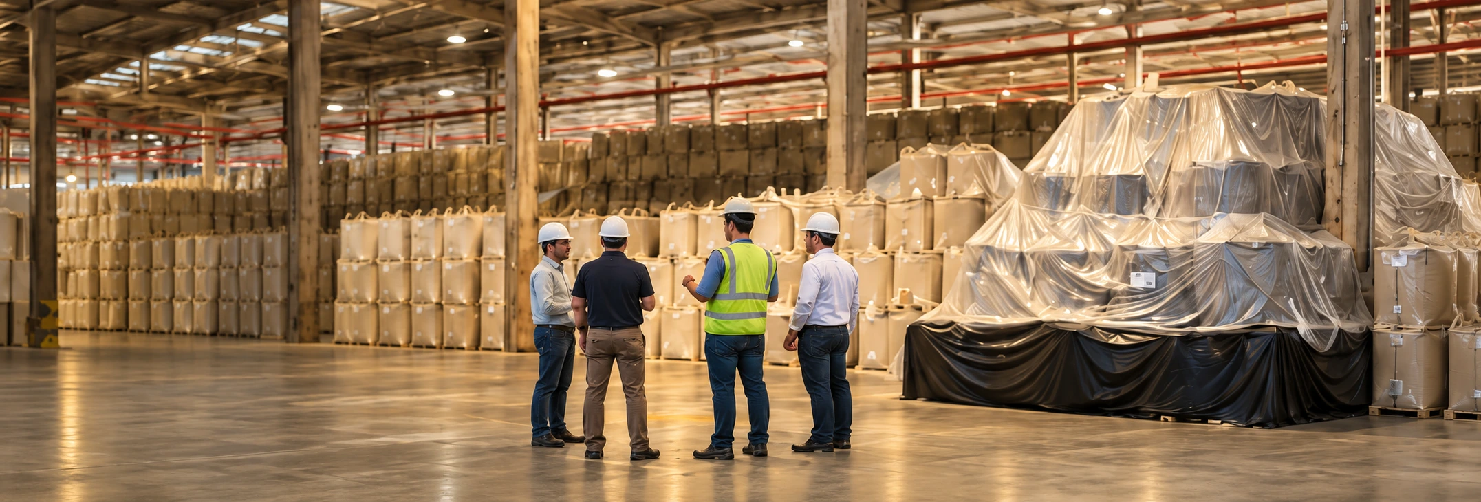 Equipo de Cyanway y proveedor inspeccionando big bags de commodities en un depósito de exportación