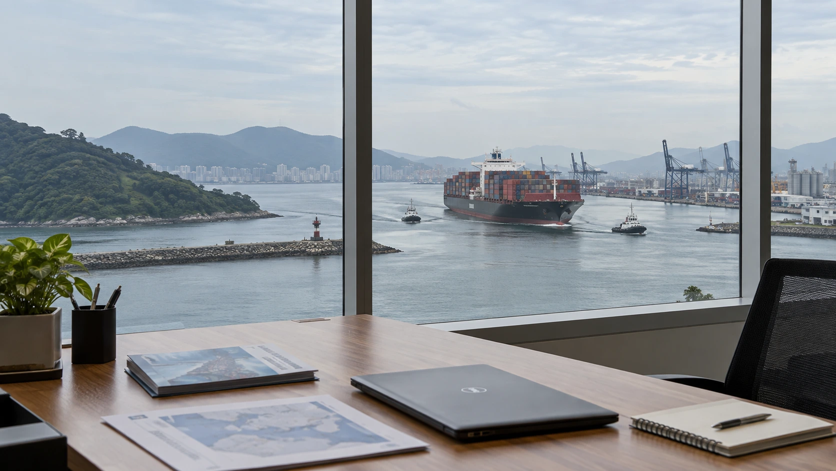 Escritorio con laptop y mapas frente a un puerto con un buque portacontenedores llegando