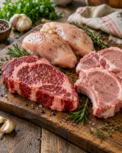 Bife ancho, chuletas de cerdo y pechugas de pollo crudos sobre una tabla de madera