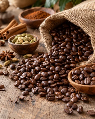 Granos de café tostado saliendo de una bolsa de arpillera, con canela, cardamomo y anís estrellado