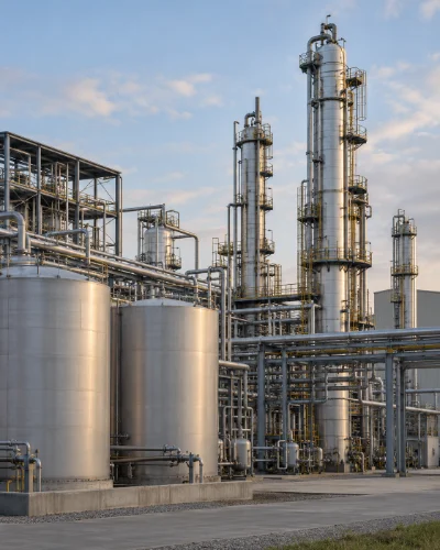 Columnas de destilación de etanol y tanques de almacenamiento en una planta industrial