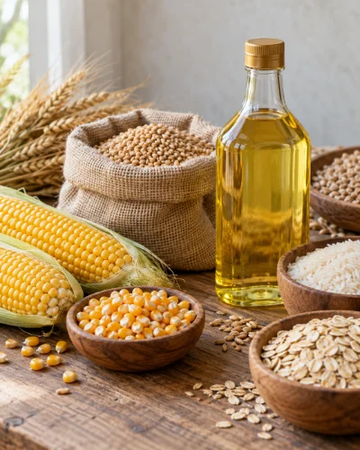 Maíz, trigo, arroz, avena y una botella de aceite vegetal sobre una mesa de madera