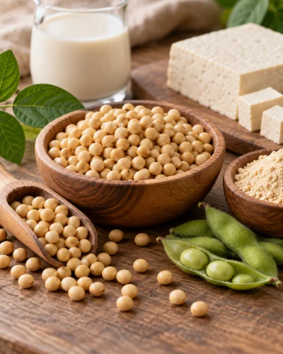 Soja en cuencos de madera con leche de soja, tofu, harina de soja y edamame