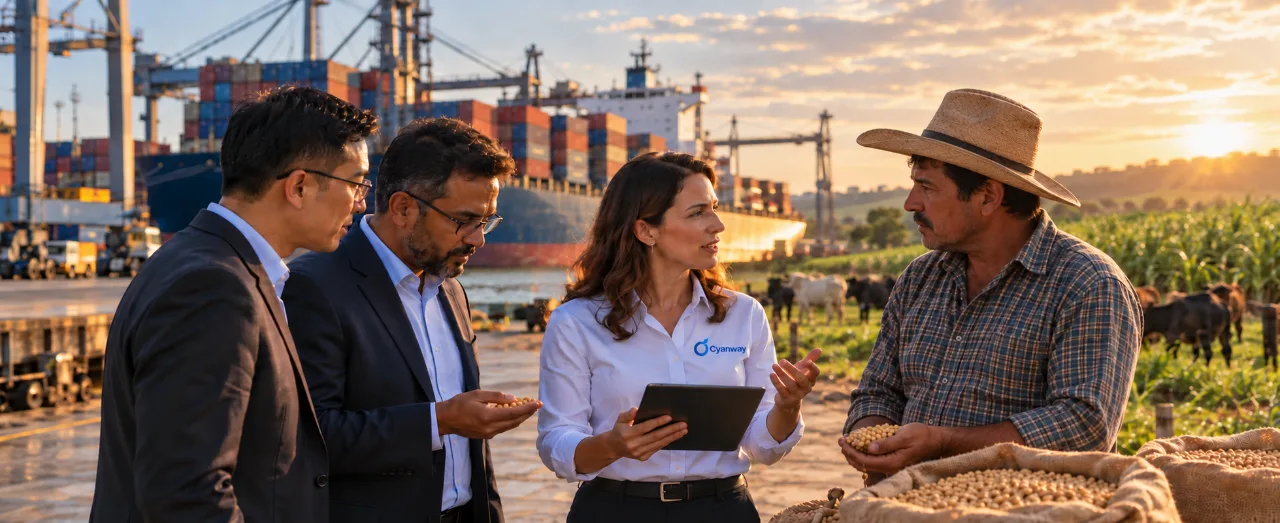 Integrante del equipo de Cyanway con una tableta conversando con compradores internacionales y un productor rural que muestra granos de soja, entre un puerto de contenedores y campos con ganado al atardecer