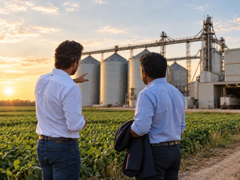 Reunión comercial en una planta agroexportadora junto a un campo de soja