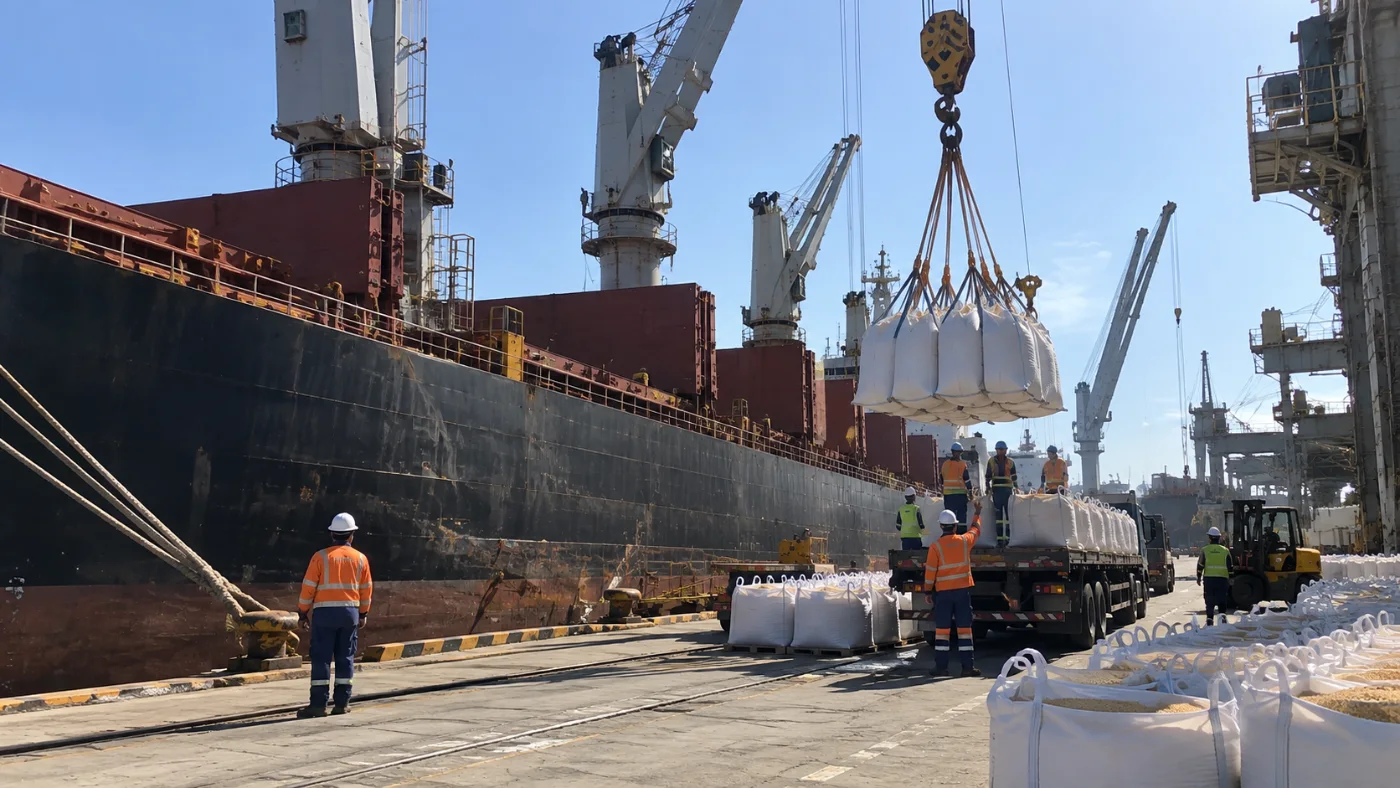 Big bags cargados desde un camión a un buque en el puerto, con estibadores con equipo de seguridad