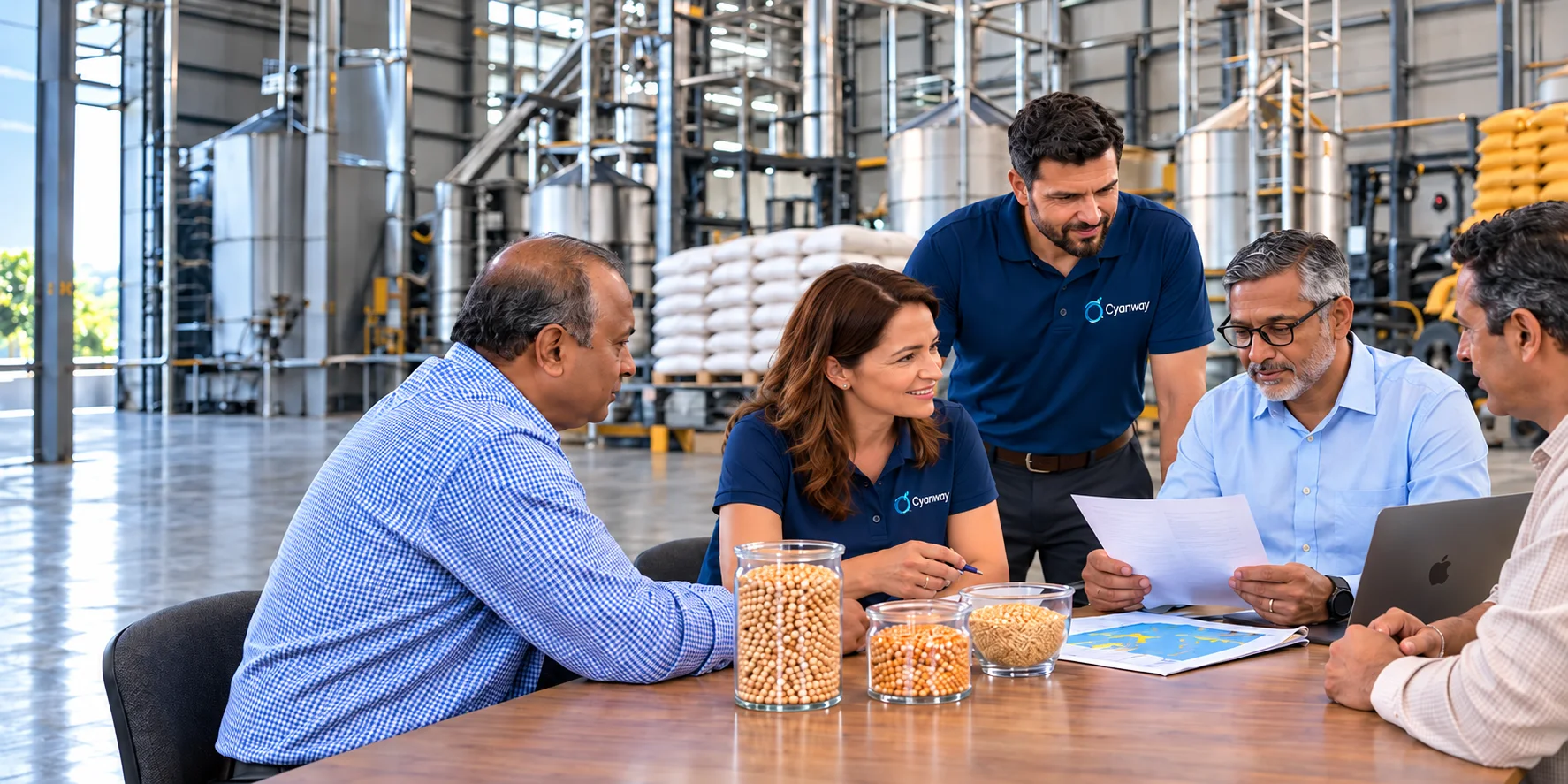 Equipo de Cyanway revisando documentos y muestras de granos con compradores internacionales y un proveedor en un depósito agroindustrial