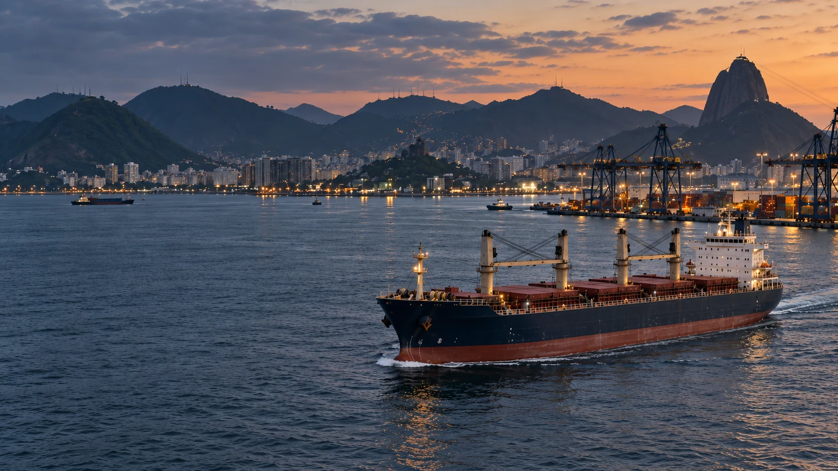 Buque granelero saliendo de un puerto al atardecer, con grúas y el Pan de Azúcar de Río de Janeiro al fondo