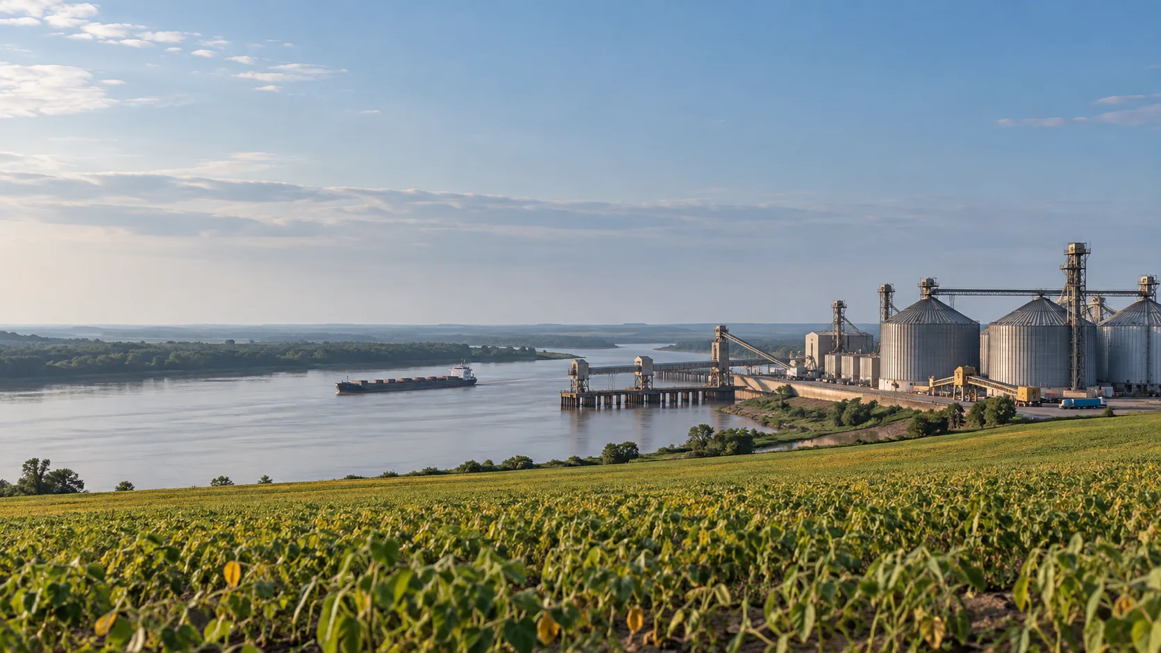 Puerto fluvial con silos de granos y muelle de carga junto a un campo de soja, con un buque de carga en el río