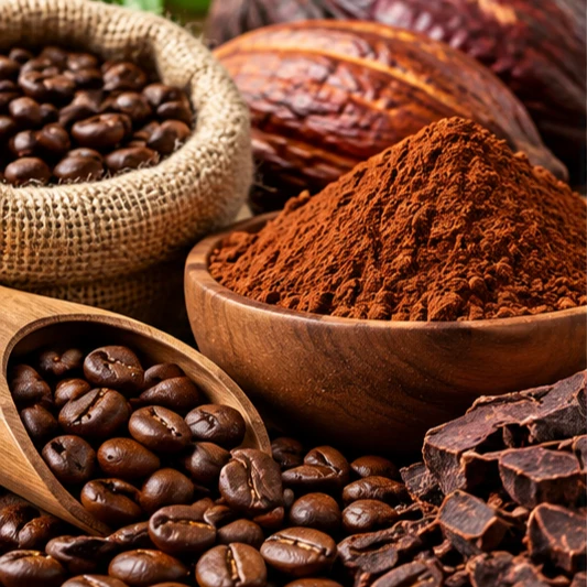 Granos de café, mazorcas de cacao y cacao en polvo