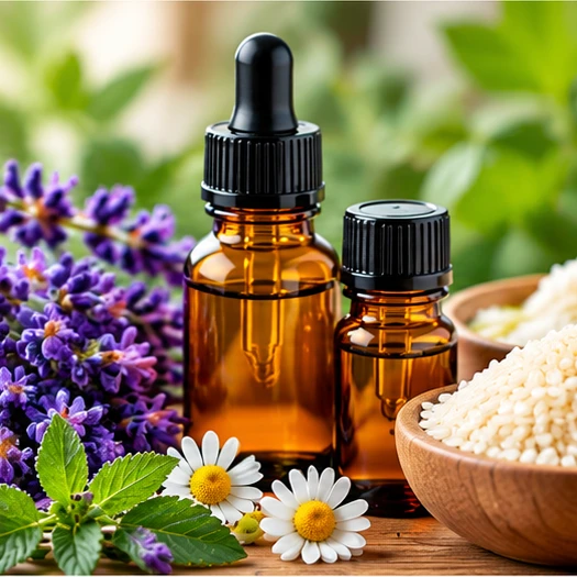 Frascos de aceites esenciales con lavanda y hierbas