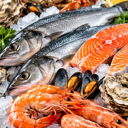 Pescado fresco, salmón, camarones y mariscos sobre hielo