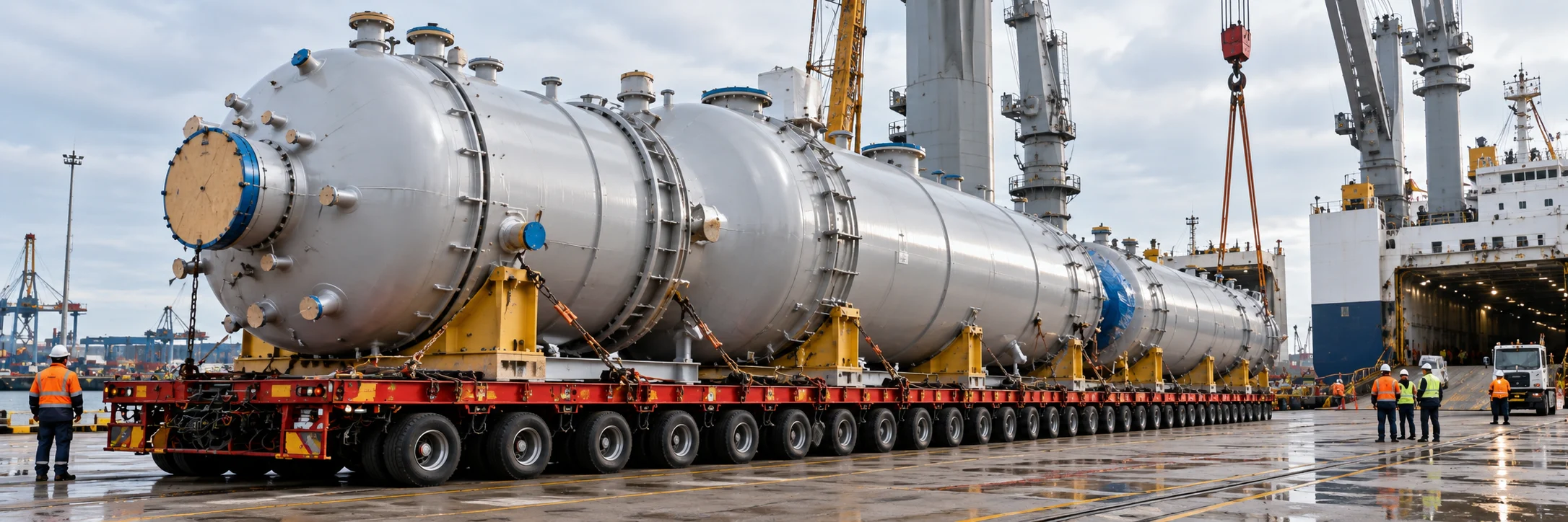 Recipientes industriales a presión sobre un transportador modular multieje en un muelle portuario, con operarios preparándolos para la carga – proyectos especiales