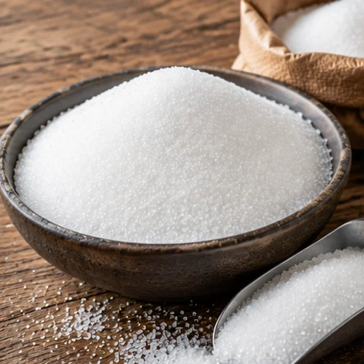 Azúcar blanca refinada de caña ICUMSA en un cuenco con una pala de acero