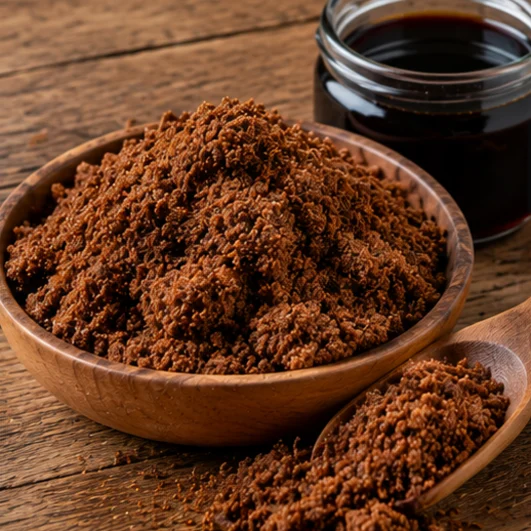 Azúcar mascabo oscura en un cuenco de madera junto a un frasco de melaza de caña
