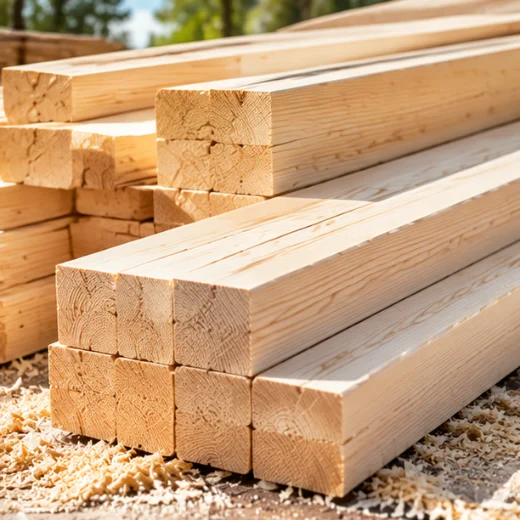 Vigas de madera aserrada apiladas en un aserradero